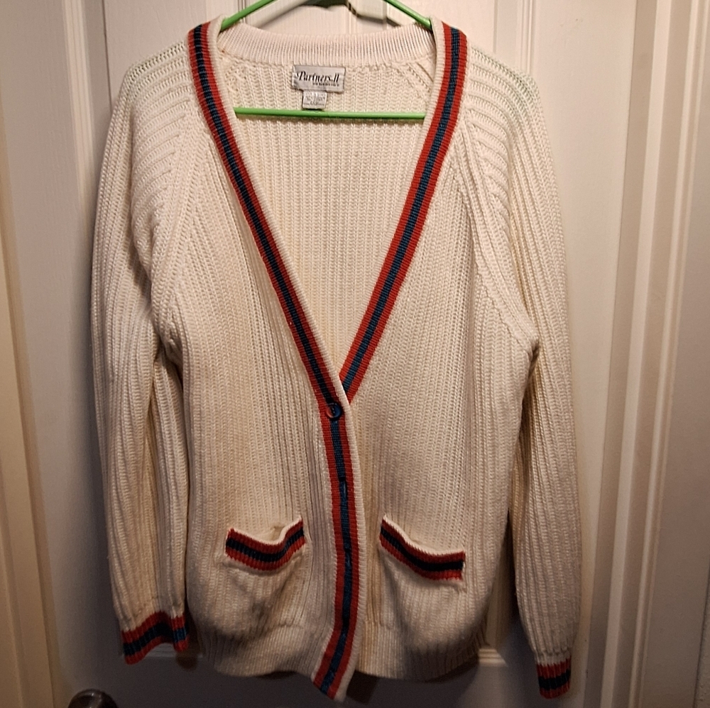 Partners II Cream Cardigan Orange and Teal Stripes Size 22